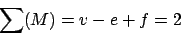 \begin{displaymath}\sum(M)=v-e+f=2\end{displaymath}