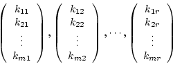 \begin{displaymath}\left(
\begin {array}{c}
k_{11}\\
k_{21}\\
\vdots\\
k_{m1}...
...}
k_{1r}\\
k_{2r}\\
\vdots\\
k_{mr}\\
\end {array}
\right)
\end{displaymath}