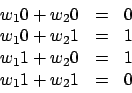 \begin{displaymath}\begin {array}{lll}
w_{1}0+w_{2}0&=&0\\
w_{1}0+w_{2}1&=&1\\
w_{1}1+w_{2}0&=&1\\
w_{1}1+w_{2}1&=&0\\
\end {array}\end{displaymath}