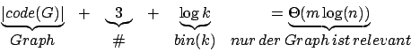 \begin{displaymath}\begin {array}{cccccc}\underbrace{\vert code(G)\vert}&+&\unde...
...&\char93 &&bin(k)&nur\,der\,Graph\,ist\,relevant\\
\end{array}\end{displaymath}