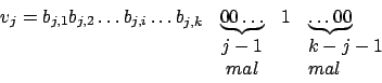 \begin{displaymath}\begin {array}{cccl}v_{j}=b_{j,1}b_{j,2}\ldots b_{j,i}\ldots ...
...underbrace{\ldots 00}\\
&j-1&&k-j-1\\
&mal&&mal\\ \end{array}\end{displaymath}