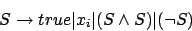 \begin{displaymath}S\rightarrow true\vert x_{i}\vert(S\wedge S)\vert(\neg S)\end{displaymath}