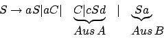 \begin{displaymath}\begin {array}{llll}S\rightarrow aS\vert aC\vert&\underbrace{...
...}&\vert&\underbrace{Sa}\\
&Aus\,A & &Aus \,B\\
\end {array}
\end{displaymath}